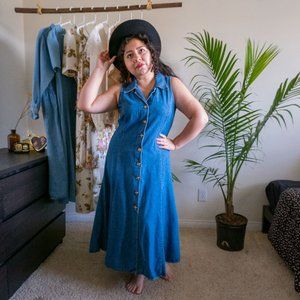 Vintage denim button up sleeveless dress.